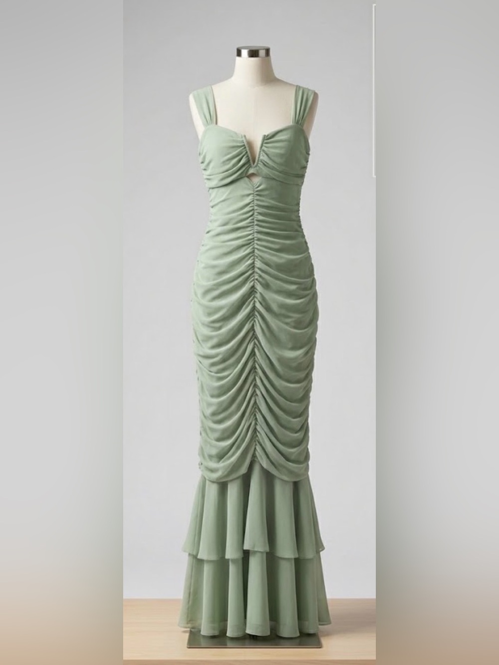 Commense Sage Green Ruched Maxi Dress with Tiered Hem